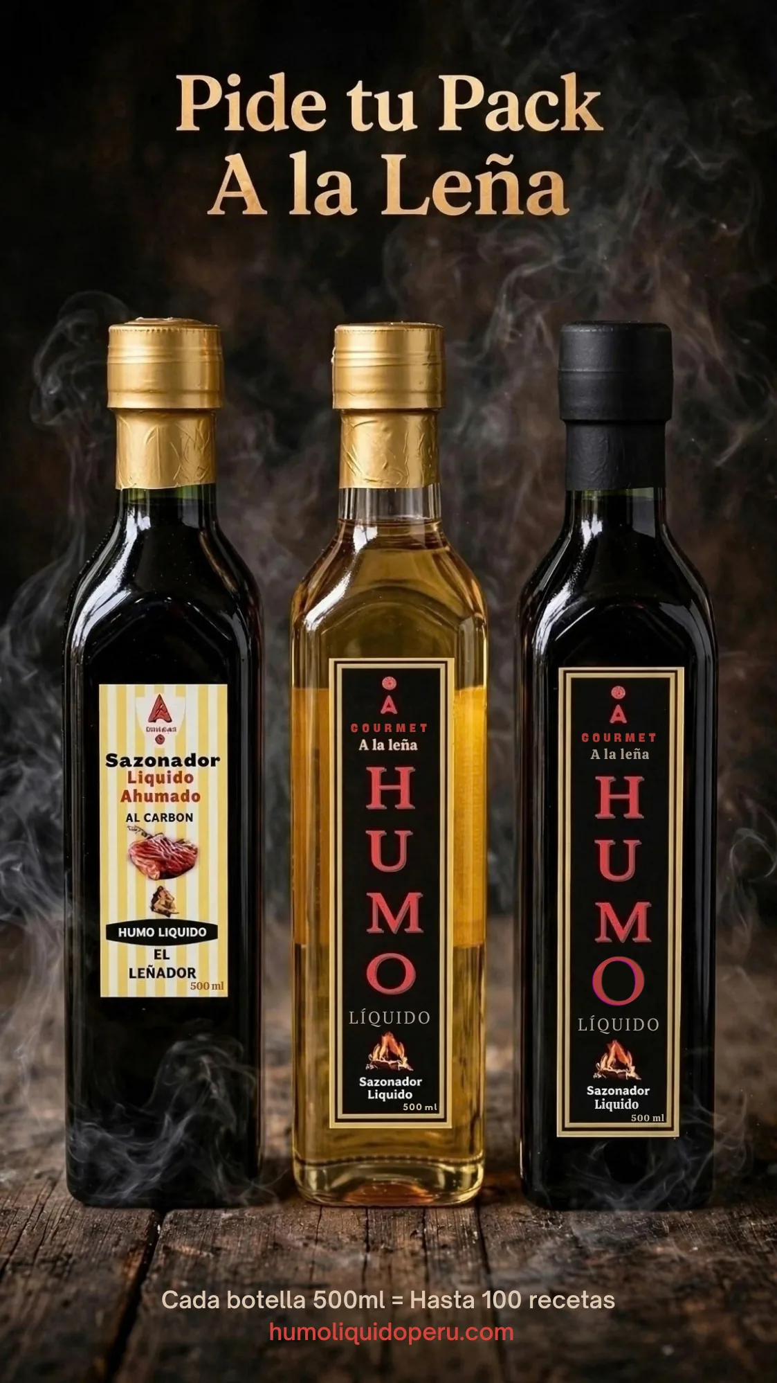 Pack 3 Botellas Humo Líquido La Leña Oscuro Claro y Sazonador 500ml Perú