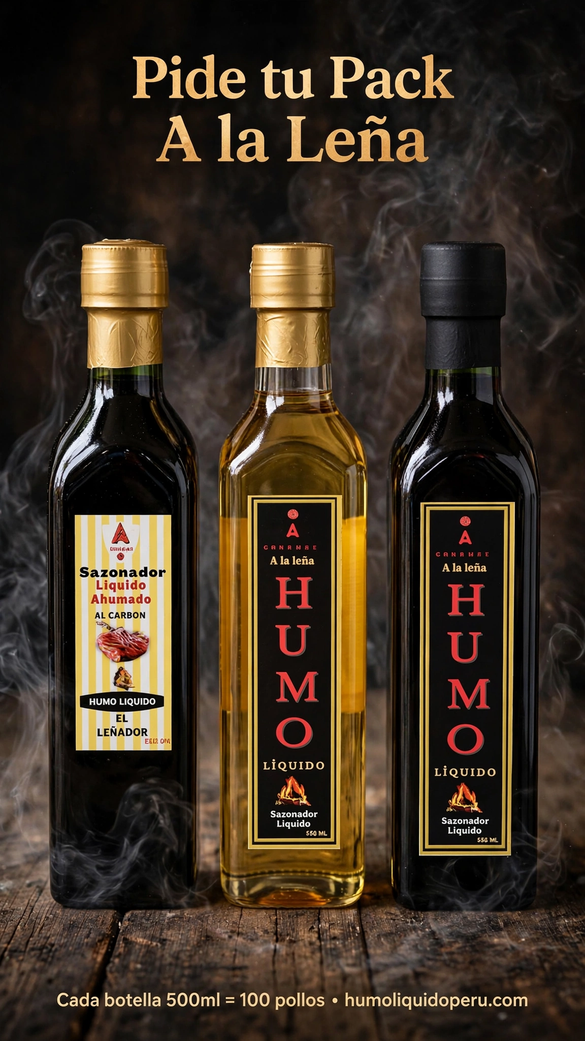 Pack 3 Botellas Humo Líquido La Leña Oscuro Claro y Sazonador 500ml Perú